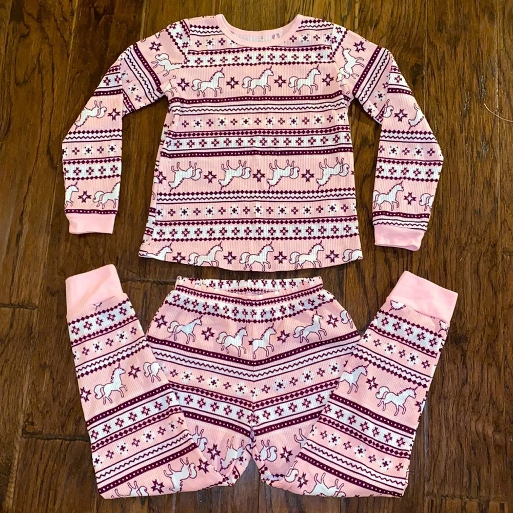 Wonder Nation pink white maroon unicorn 🦄 long Johns pajama set 7/8 Medium PJ’s